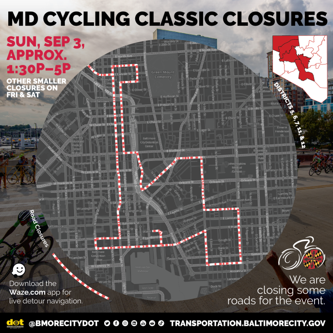 Map of Baltimore City road closures for the Maryland Cycling Classic.  All info in the map is listed in the text above.